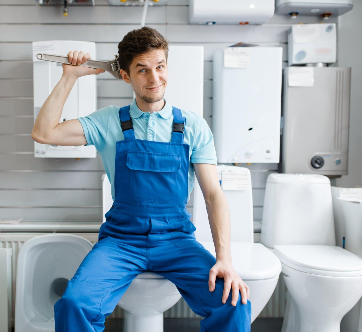 A plumber in overalls with a wrench, sitting on a toilet